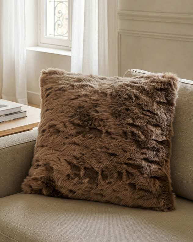 Brown Acrylic  & Polyester Cushions - Soft Brown Luxury Faux Fur Cushion