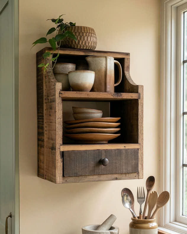 Brown Recycled Wood & Iron Shelves - Grimaud Wooden Shelving Unit with Drawer