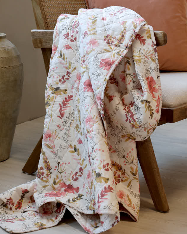 Cream & Green & Pink & Red Cotton & Polyester Throws - Peony Valley Cotton Quilted Throw