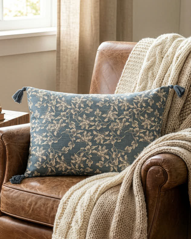 Blue & Cream Polyester Cushions - Vintage Indigo & Ivory Cushion with Tassels