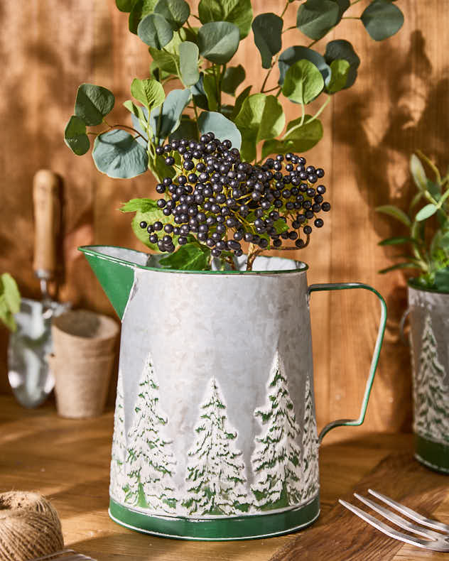 Grey & Silver & Green & White Metal Jug Vase - Winter Forest Pitcher Jug