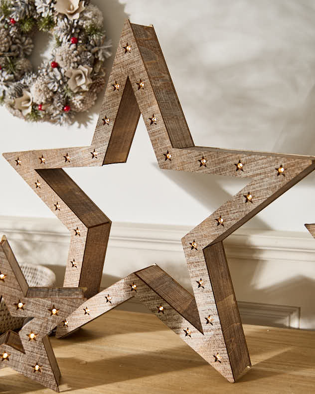 Set of 3 LED Wooden Star Decorations