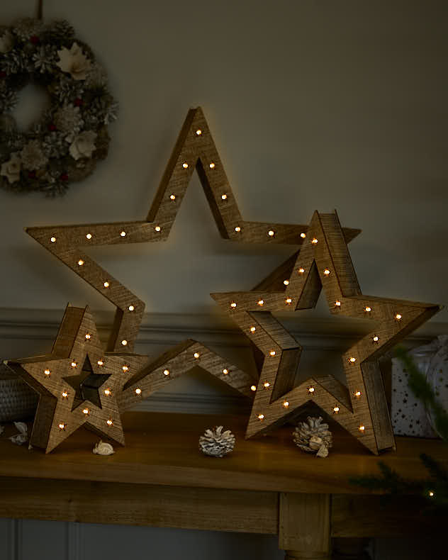 Set of 3 LED Wooden Star Decorations