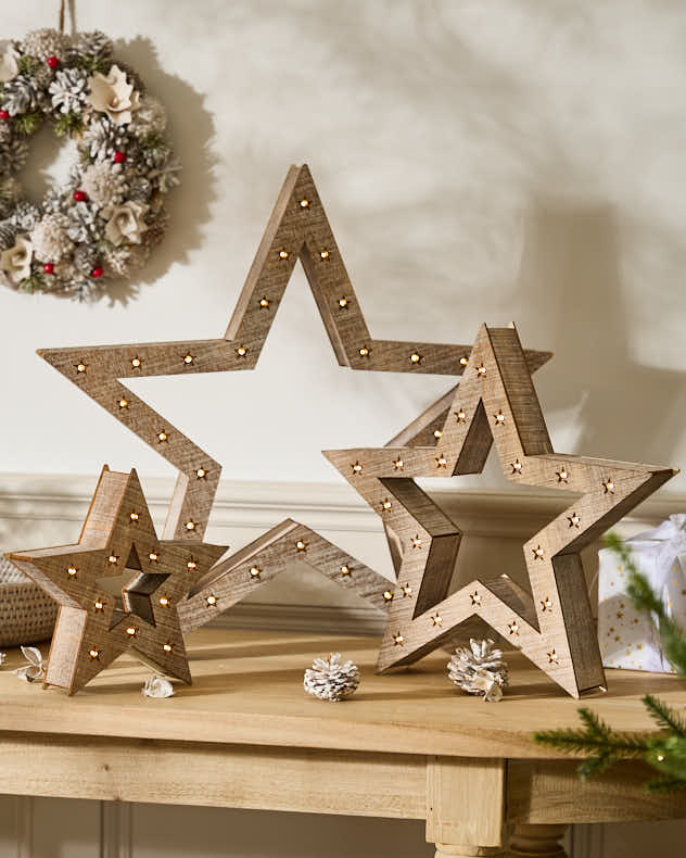 Set of 3 LED Wooden Star Decorations