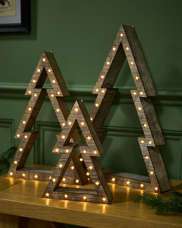 Set of 3 LED Wooden Tree Decorations