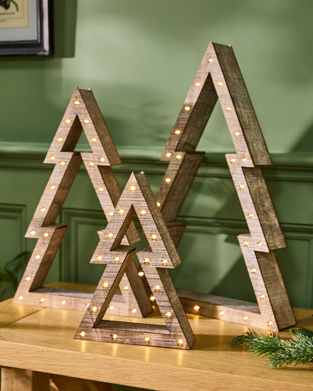 Set of 3 LED Wooden Tree Decorations