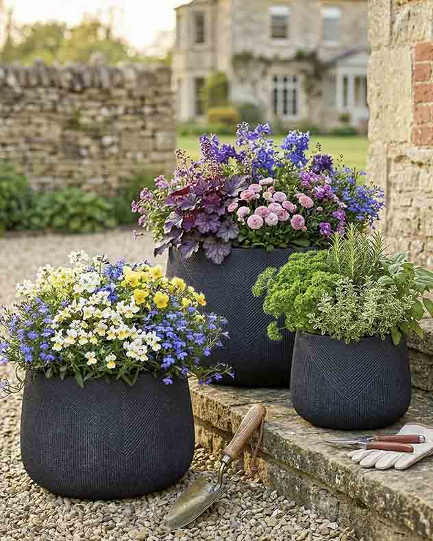 Small Grey Fibre Clay Pots & Planters - Kalo Grey Striped Planter Collection