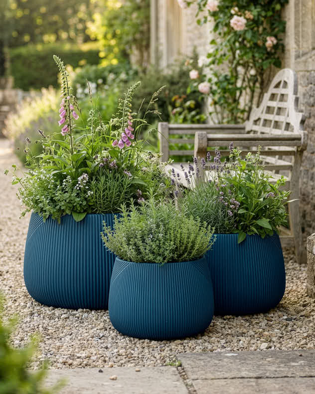 Small Blue Fibre Clay Pots &amp; Planters - Kalo Blue Symmetry Stripe Planter Collection