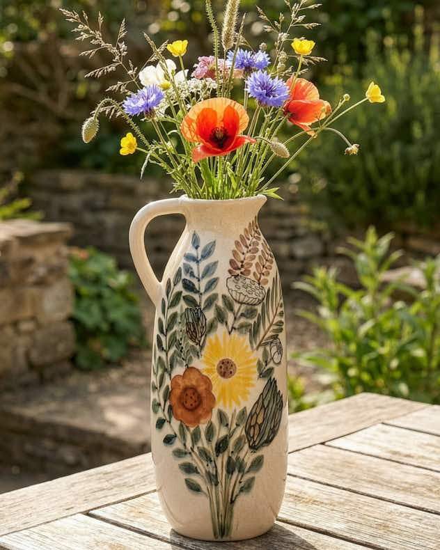 Cream & Multi-colour Stoneware Vases - Antique Floral Meadow Jug