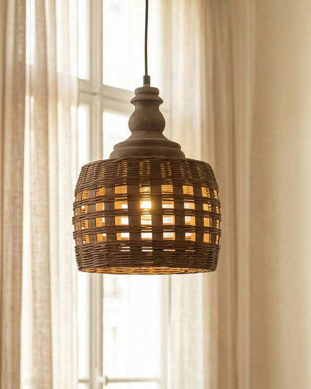 Brown & Natural Rattan & Wood Light Shade - Cut Out Rattan Pendant Ceiling Shade