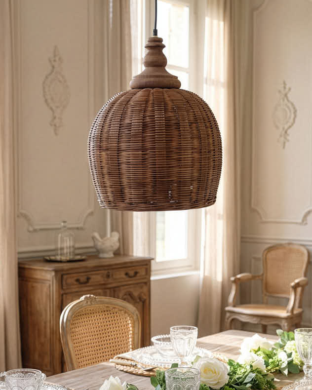 Natural & Brown Rattan & Wood Ceiling Light Fixtures - Rattan Bell Ceiling Light Shade