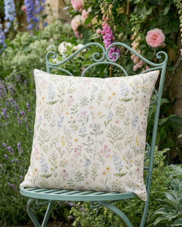 White & Multi-colour Linen & Viscose Cushions - Floral Daisy Outdoor Square Cushion