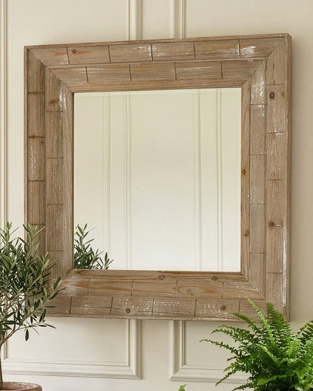 Natural & Brown Wood & Glass Mirror - Square Wooden Framed Wall Mirror 90cm x 90cm