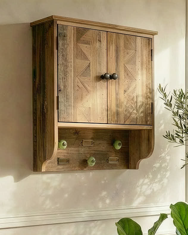 Brown & Natural Wood Wall Kitchen Cabinets - Multi Tone Geometric Wood Wall Cabinet