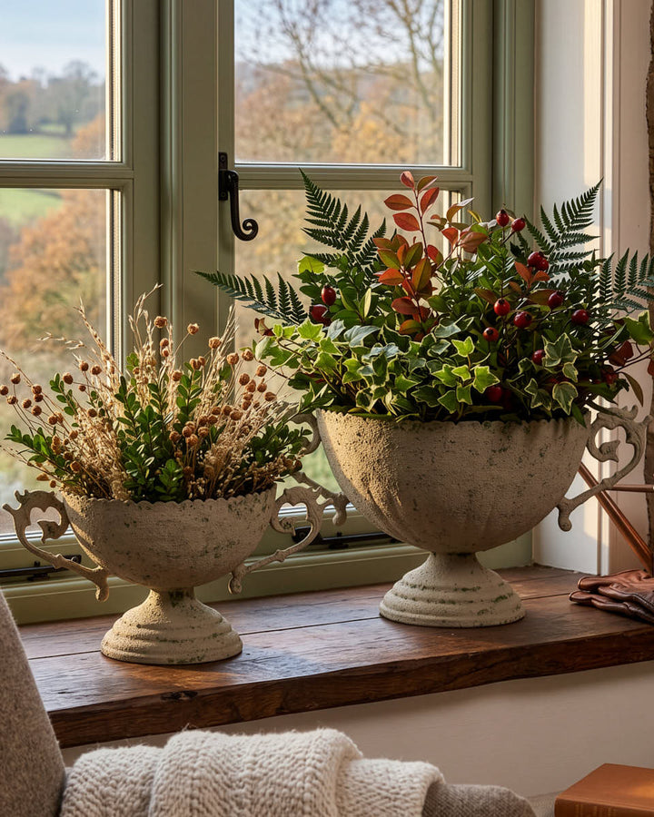Set of 2 Antiqued Urn Planters