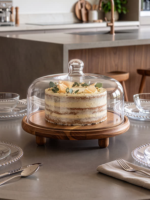Natural Wood Cake Stand and Cloche
