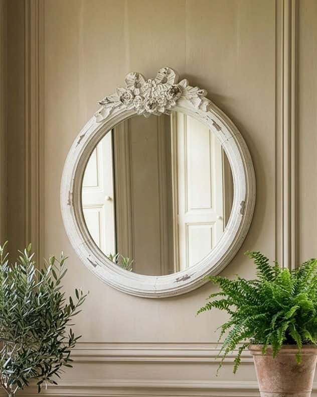 Washed White Circle Mirror 52cm x 48cm