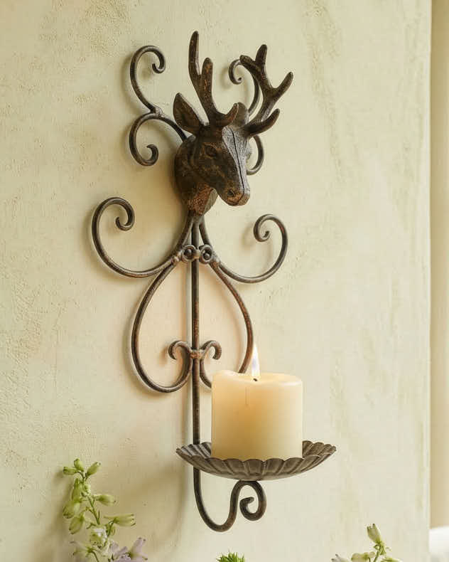 Bronze Metal Candle Holders - Scroll Stag Wall Candle Holder