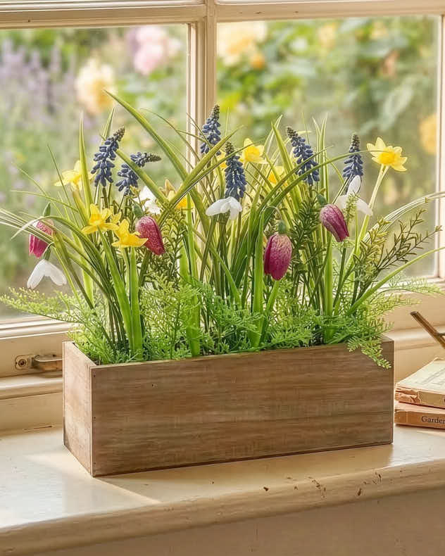 Multi-colour & Natural Wood & Polyester & Plastic Faux Flowers - Wildflower Window Box Arrangement