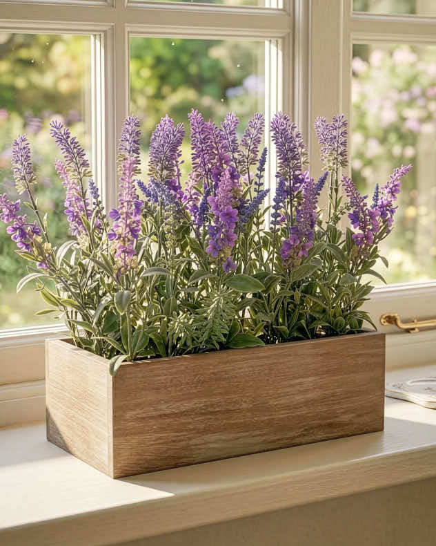 Purple & Natural Wood & Plastic & Polyester Faux Flowers - Lavender Window Box Arrangement
