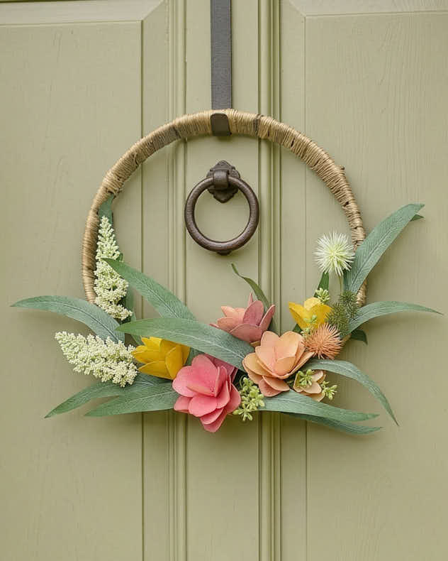 Multi-colour &amp; Pink &amp; Green Plastic &amp; Polyester &amp; Wood Chip Wreaths - Blooming Woodchip Half Wreath