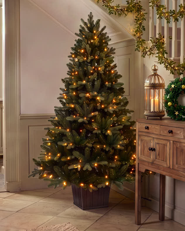 Pre-Lit Fir Christmas Tree in Faux Wood Pot 7ft
