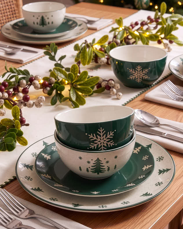 12pcs Snowy Forest Stoneware Dinner Set