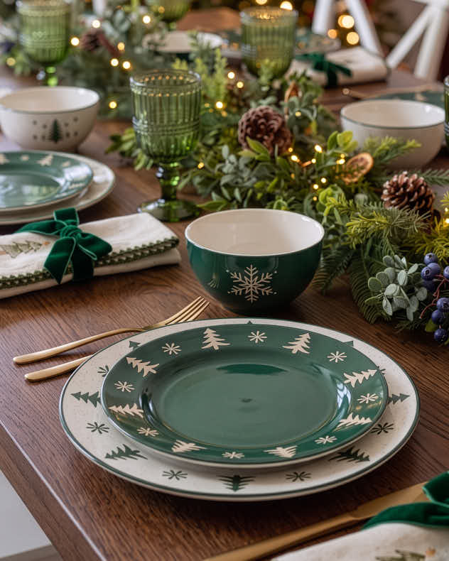 12pcs Snowy Forest Stoneware Dinner Set