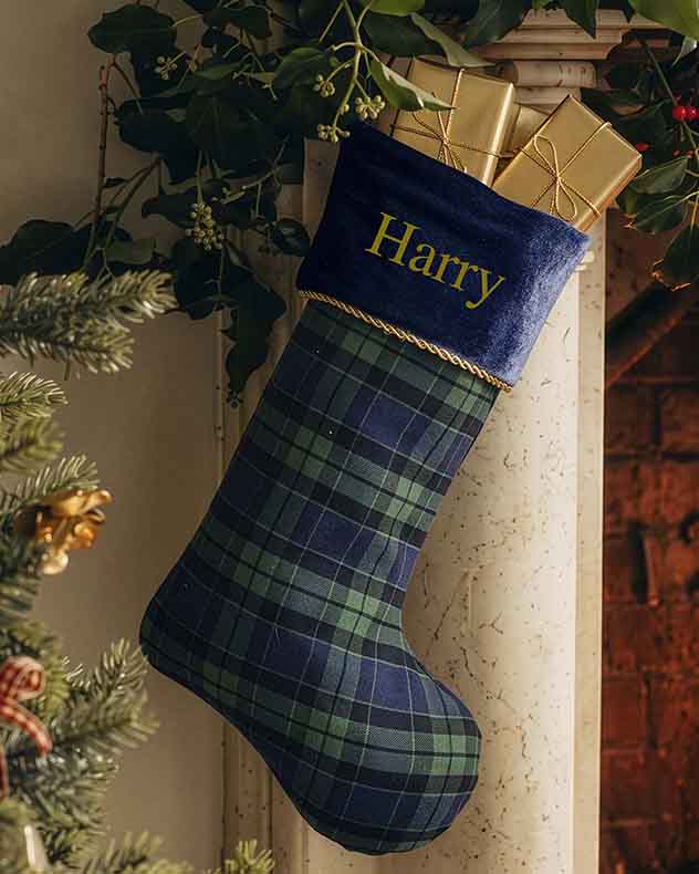 Personalised Chelsea Navy Tartan Christmas Stocking