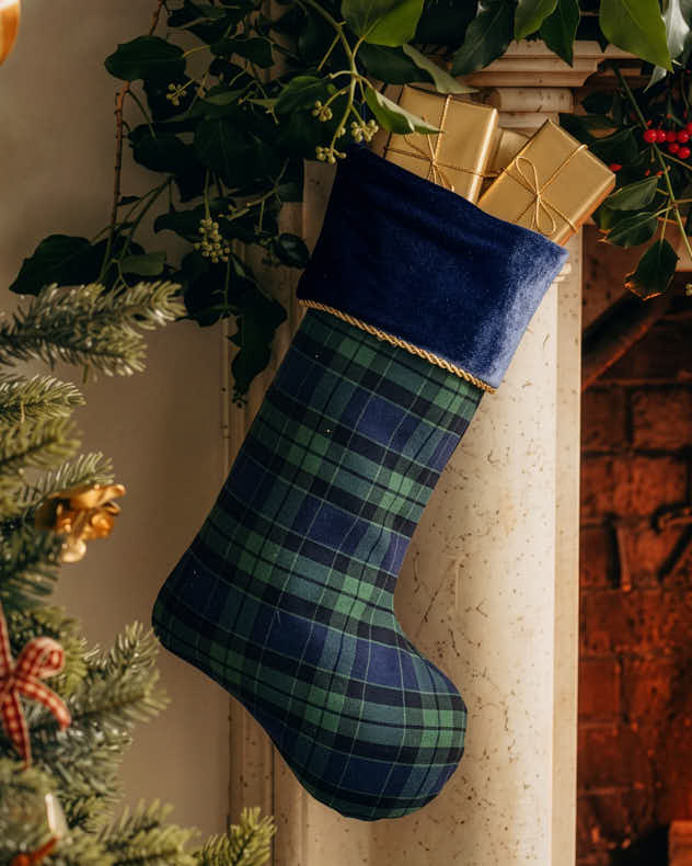 Personalised Chelsea Navy Tartan Christmas Stocking