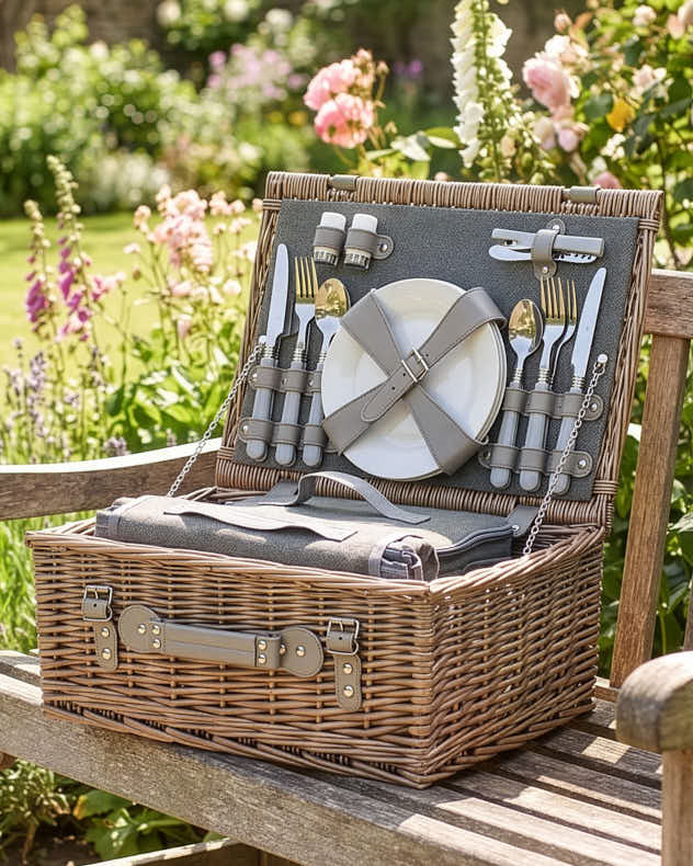 4 Person Grey Tweed Picnic Hamper