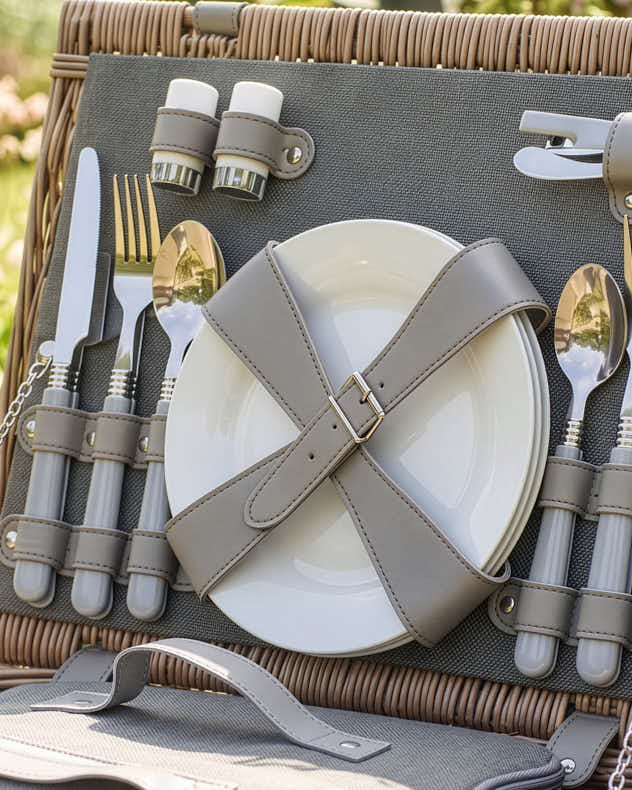 4 Person Grey Tweed Picnic Hamper