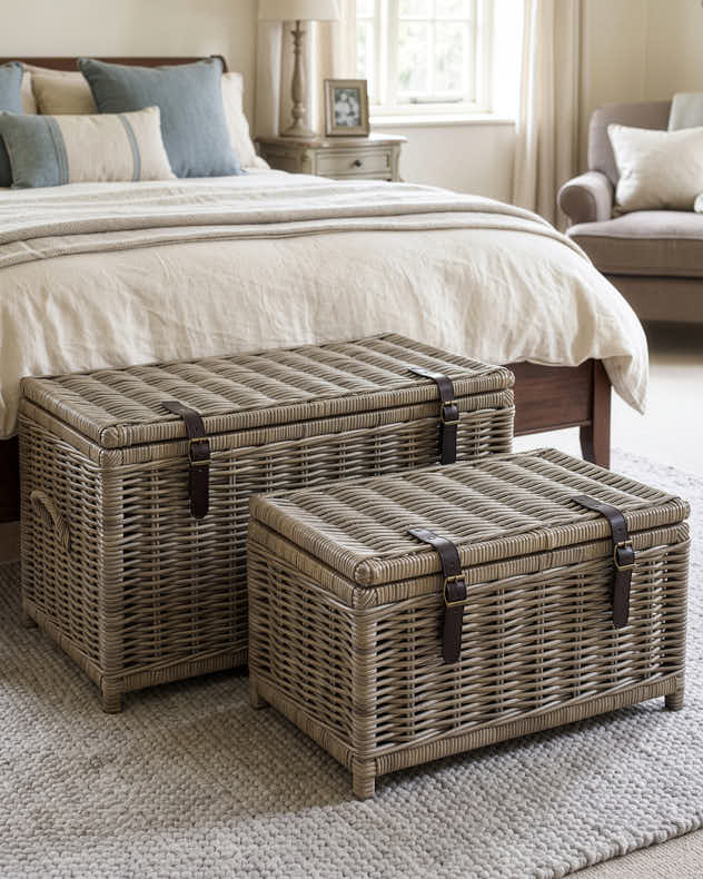Set of 2 Buckled Rattan Storage Trunks