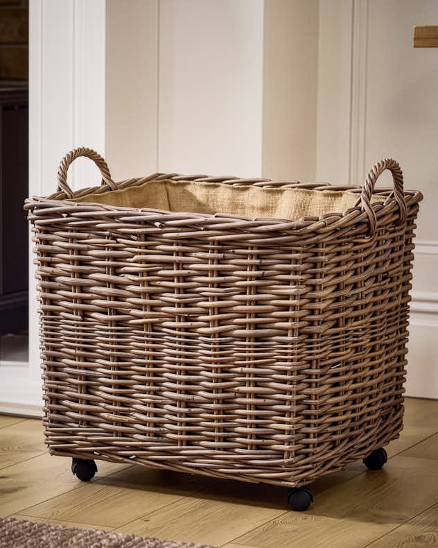 Wheeled Rattan Footed Basket with Lining
