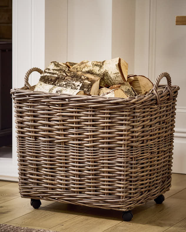 Wheeled Rattan Footed Basket with Lining