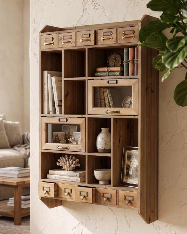 Multi Compartment Wooden Wall Storage Unit