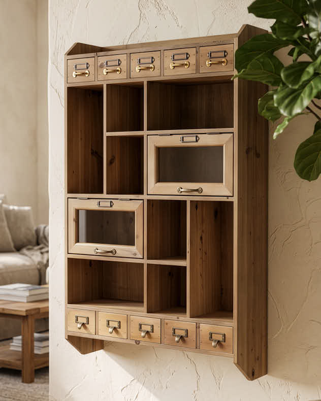 Multi Compartment Wooden Wall Storage Unit