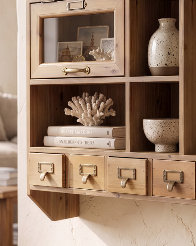 Multi Compartment Wooden Wall Storage Unit