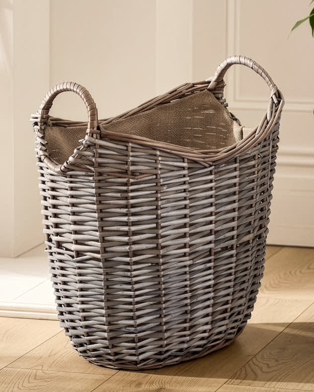 Curved Rattan Basket with Hessian Lining