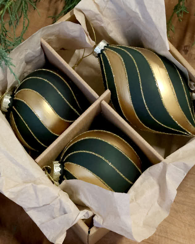 Set of 3 Green and Gold Stripe Baubles