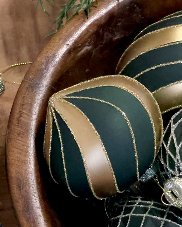 Set of 3 Green and Gold Stripe Baubles