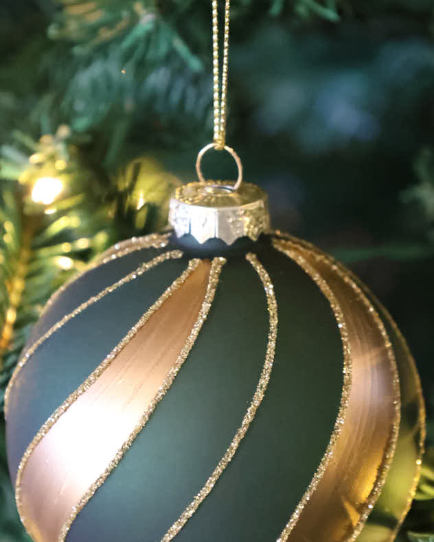 Set of 3 Green and Gold Stripe Baubles