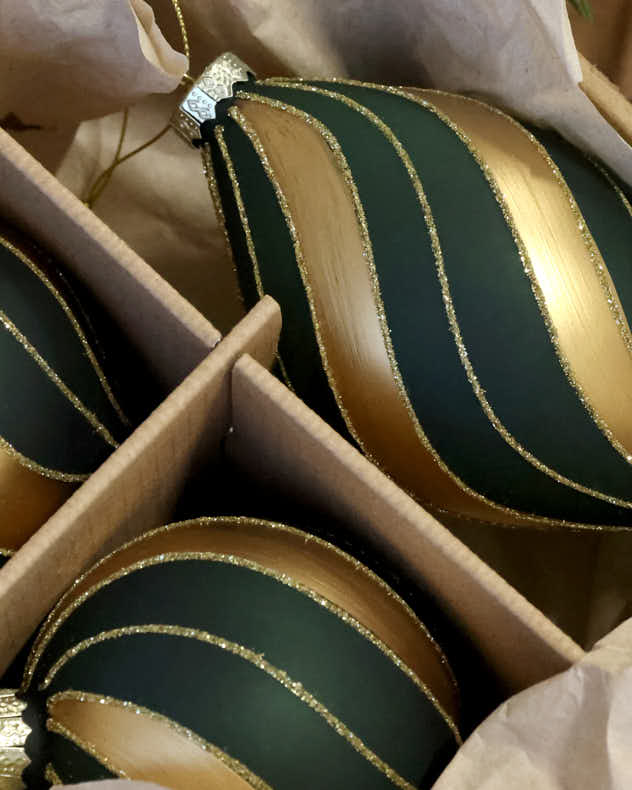 Set of 3 Green and Gold Stripe Baubles