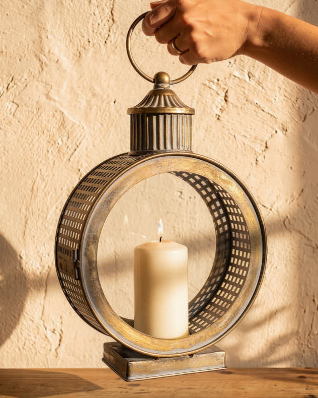 Round Metal Lantern with Candle Holder