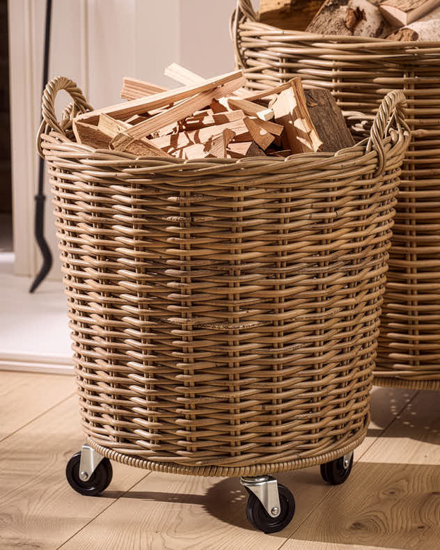 Set of 2 Wheeled Rattan Storage Baskets