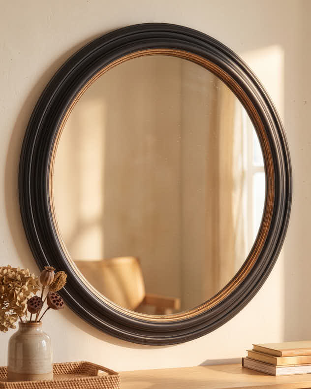 Black and Gold Circle Wall Mirror 87cm