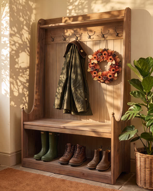 Reclaimed Oak Hallway Bench with Hooks