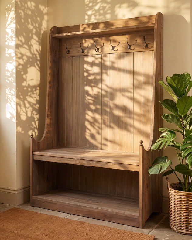 Reclaimed Oak Hallway Bench with Hooks