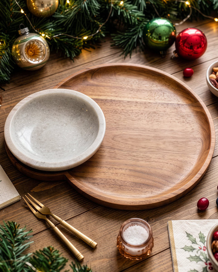 Wooden Serving Platter with Marble Dish