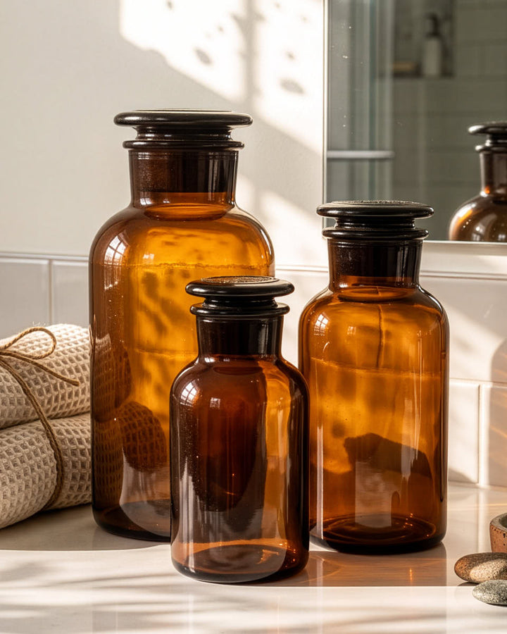 Set of 3 Brown Glass Apothecary Jars